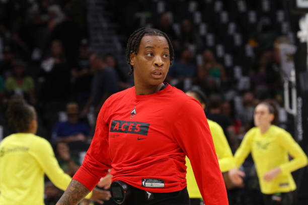 Riquna Williams of the Las Vegas Aces looks on before Round 2 Game 4 of the 2022 WNBA Playoffs on September 6, 2022 at the Climate Pledge Arena in...