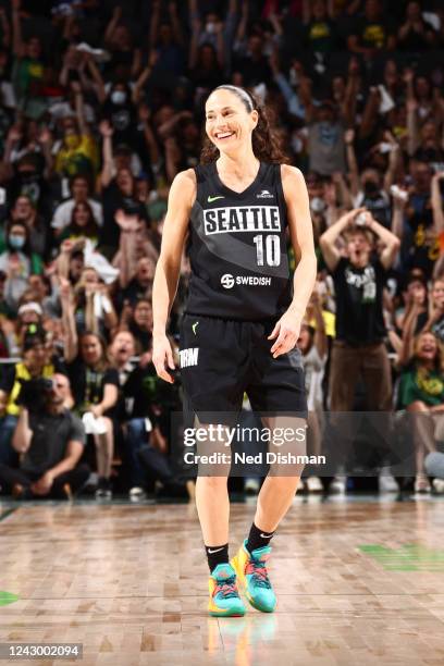 Sue Bird of the Seattle Storm smiles during the game against the Las Vegas Aces on September 6, 2022 at Climate Pledge Arena in Seattle, Washington....