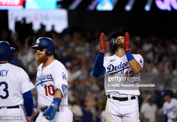 Joey Gallo of the Los Angeles Dodgers celebrates his a three-run home run against pitcher Jarlin Garcia of the San Francisco Giants in the second...