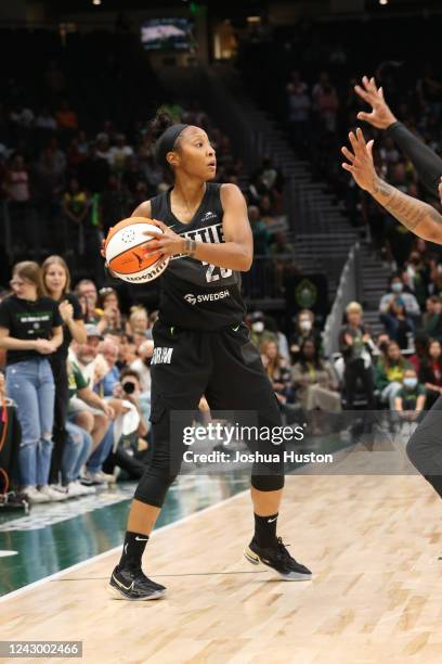 Briann January of the Seattle Storm looks to pass the ball during Round 2 Game 4 of the 2022 WNBA Playoffs on September 6, 2022 at the Climate Pledge...
