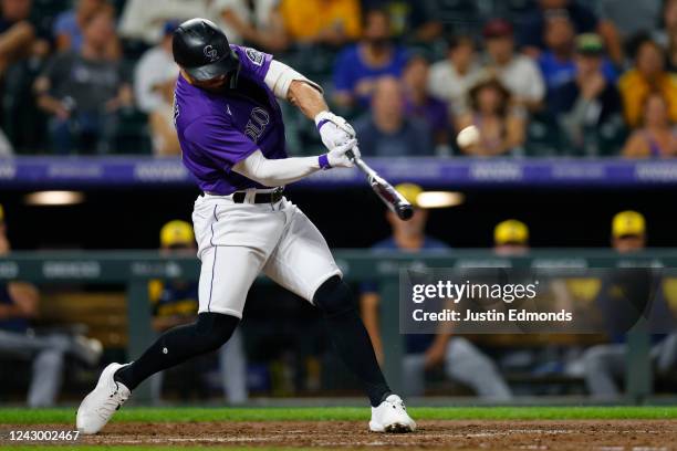 Randal Grichuk of the Colorado Rockies hits a walk-off three run home run in the tenth inning to defeat the Milwaukee Brewers 10-7 at Coors Field on...