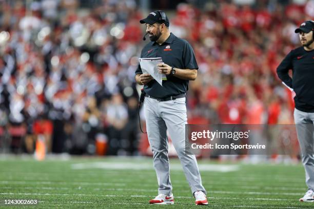 Ohio State Buckeyes head coach Ryan Day on the field during the third quarter of the college football game between the Notre Dame Fighting Irish and...