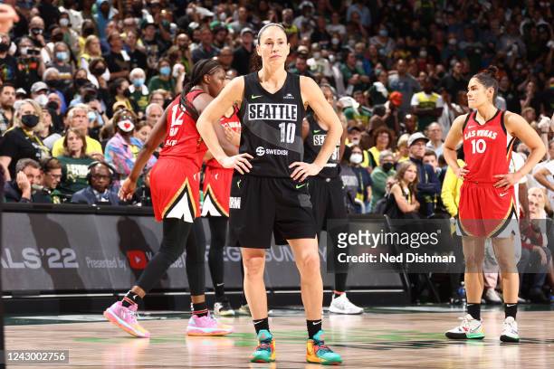 Sue Bird of the Seattle Storm looks on during the game against the Las Vegas Aces on September 6, 2022 at Climate Pledge Arena in Seattle,...
