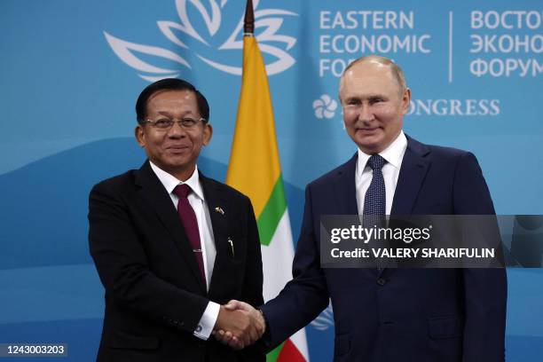 Russian President Vladimir Putin meets with Myanmar junta leader Min Aung Hlaing on the sidelines of the 2022 Eastern Economic Forum in Vladivostok...