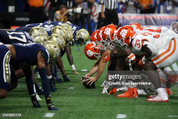 The Georgia Tech Yellow Jackets and the Clemson Tigers line up for an extra point during the game between the Clemson Tigers and the Georgia Tech...