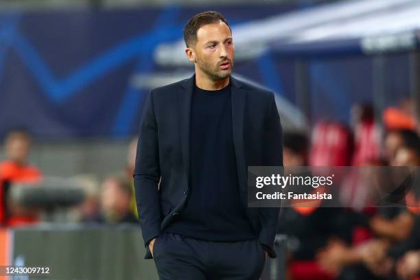 Head coach Domenico Tedesco of RB Leipzig dissapointed during the UEFA Champions League Group F match between RB Leipzig and Shakhtar Donetsk at Red...