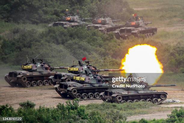 Tanks fire artillery during the 2-day live-fire drill, amid intensifying threats military from China, in Pingtung county, Taiwan, 7 September 2022....