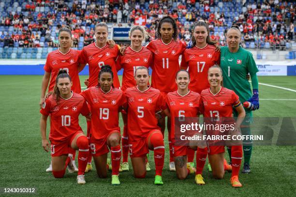 Switzerland's women football team players second row: midfielder Viola Calligaris, forward Ana-Maria Crnogorcevic, defender Luana Buhler, midfielder...