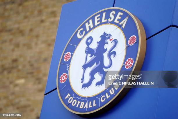 Logo is pictured outside of Stamford Bridge, the home ground of Chelsea football club, in west London on September 7, 2022. - Chelsea on Wednesday...
