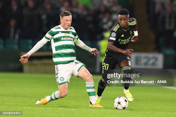 Callum McGregor of Celtic and Vinicius Junior of Real Madrid during the UEFA Champions League group F match between Celtic FC and Real Madrid at...