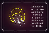 Drowsiness neon light icon. Sleepy woman. Fatigue and burnout. Early symptom of pregnancy. Outer glowing effect. Sign with alphabet, numbers and symbols. Vector isolated RGB color illustration