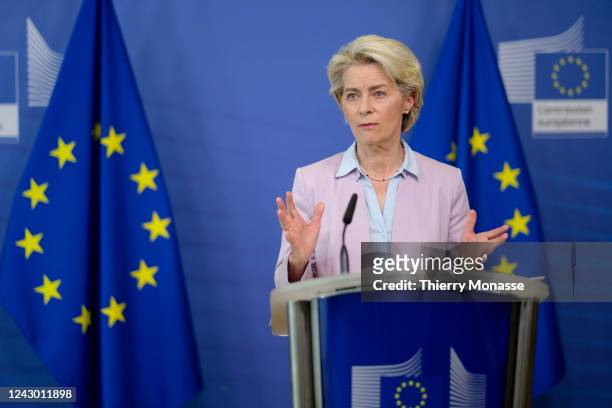 Commission President Ursula von der Leyen is talking to media in the Berlaymont, the EU Commission headquarter on September 7, 2022 in Brussels,...
