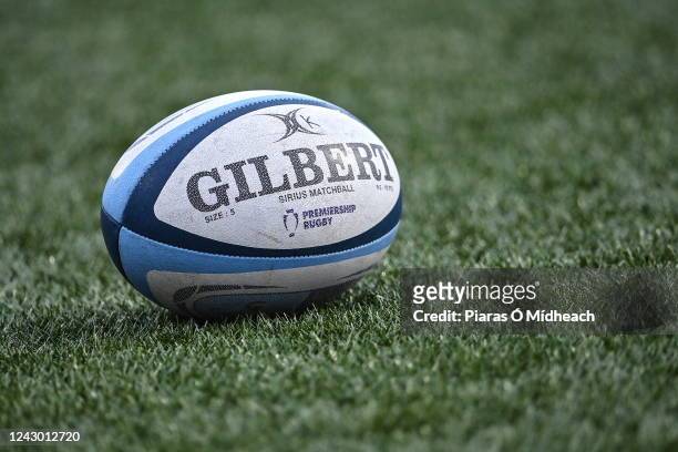 Cork , Ireland - 2 September 2022; A general view of a rugby ball before the pre-season friendly match between Munster and London Irish at Musgrave...