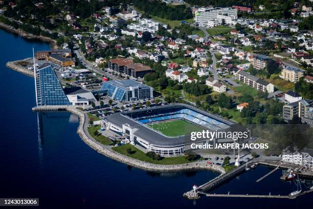 Illustration picture shows the Molde FK Aker Stadion seen from the airplane upon the arrival of Belgian soccer team KAA Gent in Molde airport,...