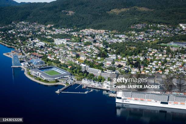 Illustration picture shows the Molde FK Aker Stadion seen from the airplane upon the arrival of Belgian soccer team KAA Gent in Molde airport,...