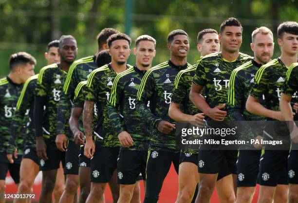 Manchester United's Antony and team mates during the training session at the Aon Training Complex, Greater Manchester. Picture date: Wednesday...