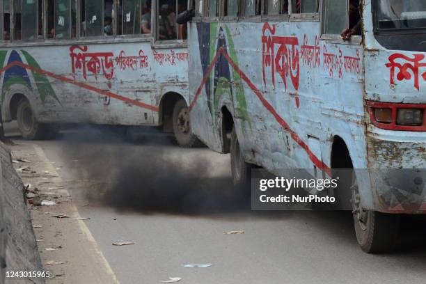 Black fumes smoke from a bus in Dhaka, Bangladesh, on September 7, 2022. Vehicles black smoke is one of the causes of air pollution in Dhaka city.