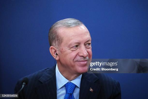 Tayyip Erdogan, Turkey's president, during a news conference with Serbia's President Aleksandar Vucic at the Palace of Serbia in Belgrade, Serbia, on...