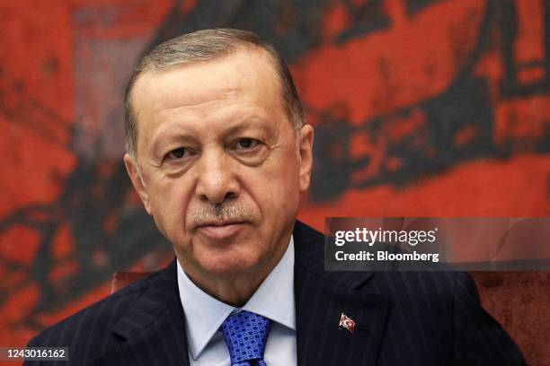 Tayyip Erdogan, Turkey's president, ahead of bilateral talks with Serbia's President Aleksandar Vucic at the Palace of Serbia in Belgrade, Serbia, on...