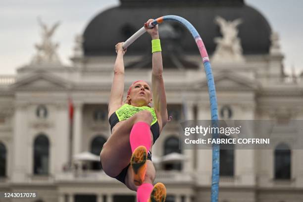 Athlete Sandi Morris competes in the women's pole vault final during the Diamond League athletics meeting at a city event at Zurich's iconic...