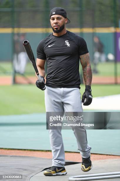 Leury García of the Chicago White Sox takes batting practice prior to a game against the Cleveland Guardians at Progressive Field on July 11, 2022 in...