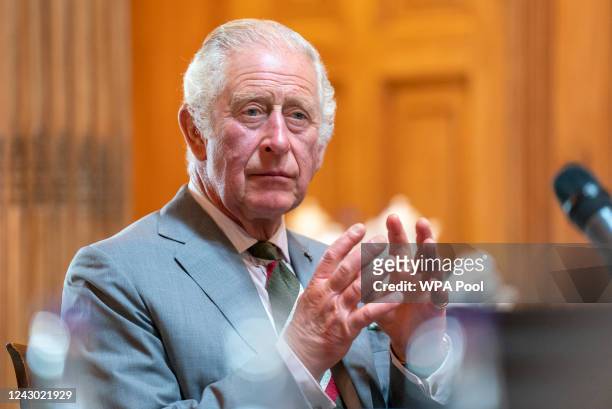 Prince Charles, Prince of Wales, known as the Duke of Rothesay while in Scotland, during a roundtable with attendees of the Natasha Allergy Research...