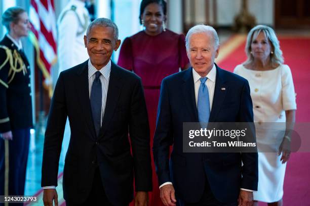 From left, former President Barack Obama, former First Lady Michelle Obama, President Joe Biden and First Lady Jill Biden, arrive for the official...