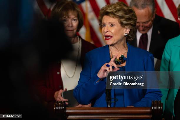 Senator Debbie Stabenow, a Democrat from Michigan, speaks during a news conference following the weekly Democratic caucus luncheon at the US Capitol...