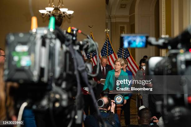 Senator Elizabeth Warren, a Democrat from Massachusetts, speaks during a news conference following the weekly Democratic caucus luncheon at the US...