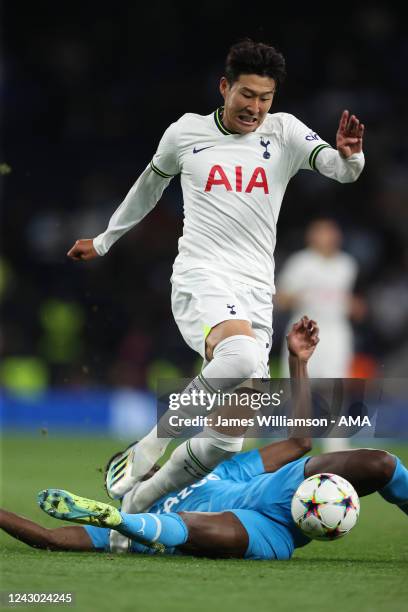 Nuno Tavares of Olympique Marseille fouls Son Heung-min of Tottenham Hotspur which resulted in a red card during the UEFA Champions League group D...