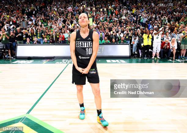 Sue Bird of the Seattle Storm waves to fans after the game against the Las Vegas Aces during Round 2 Game 4 of the 2022 WNBA Playoffs on September 6,...