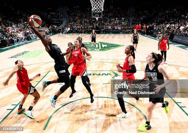 Jewell Loyd of the Seattle Storm drives to the basket during the game against the Las Vegas Aces during Round 2 Game 4 of the 2022 WNBA Playoffs on...