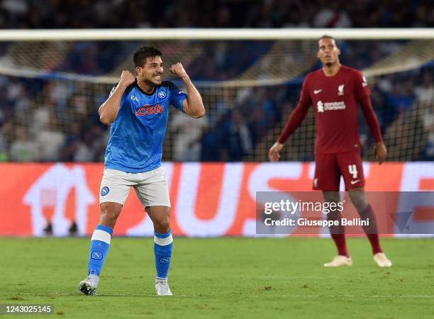 Giovanni Simeone of SSC Napoli celebrates after scoring goal 3-0 during the UEFA Champions League group A match between SSC Napoli and Liverpool FC...