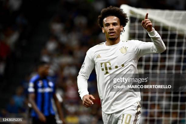 Bayern Munich's German midfielder Leroy Sane celebrates after scoring a goal during the UEFA Champions League Group C football match between Inter...