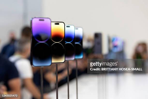 The new iPhone 14 and 14 Plus is displayed during a launch event for new products at Apple Park in Cupertino, California, on September 7, 2022. -...