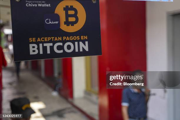 Sign for a Chivo Bitcoin automated teller machine on the one-year anniversary of Bitcoin adoption in San Salvador, El Salvador, on Wednesday, Sept....