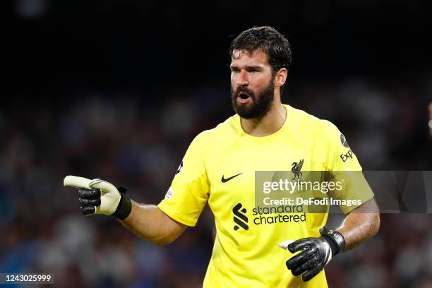 Allison Becker of Liverpool FC gestures during the UEFA Champions League group A match between SSC Napoli and Liverpool FC at Stadio Diego Armando...