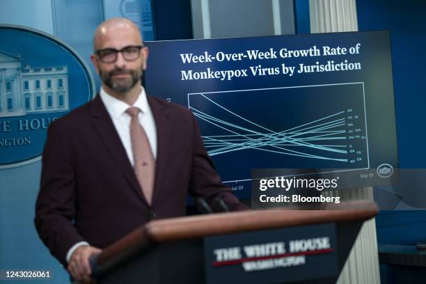 Demetre Daskalakis, deputy White House monkeypox coordinator, speaks during a news conference in the James S. Brady Press Briefing Room at the White...