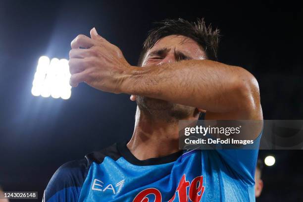 Giovanni Simeone of SSC Napoli celebrates after scoring his team's third goal during the UEFA Champions League group A match between SSC Napoli and...