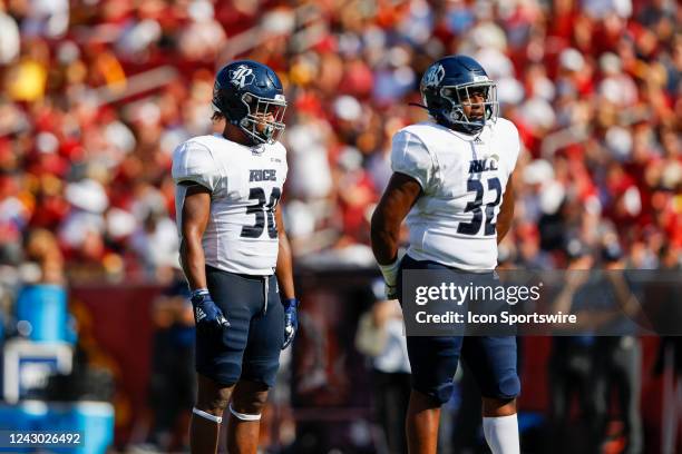 Rice Owls running back Ari Broussard and Rice Owls fullback Jerry Johnson III during a college football game between the Rice Owls and the USC...