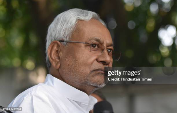 Bihar chief minister Nitish Kumar talking with media persons after meeting NCP chief Sharad Pawar at his residence on September 7, 2022 in New Delhi,...