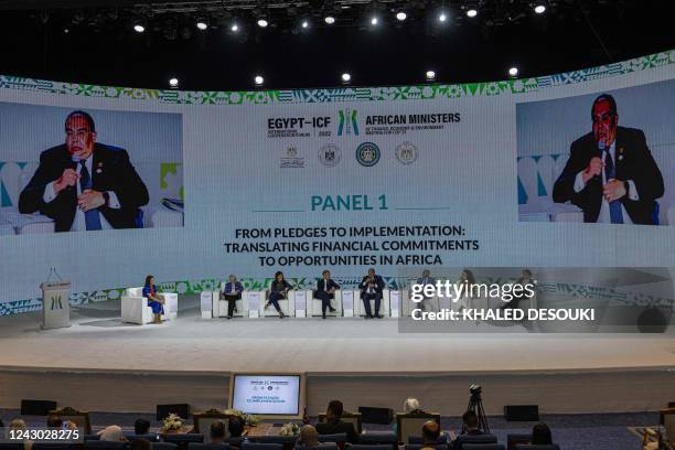 United Nation Special Envoy on Financing 2030 Agenda for Sustainable Development, Mahmoud Mohieldin of Egypt, is seen on screen as he talks during an...