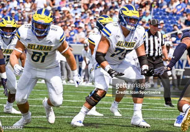 Delaware Fightin Blue Hens tight end Bryce De Maille and offensive lineman Cole Snyder block during the University of Delaware fighting Blue Hens...