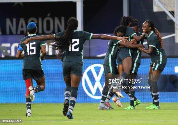 Nigeria players celebrate after a goal during an international friendly soccer match between the United States Women's National Team and Nigeria on...