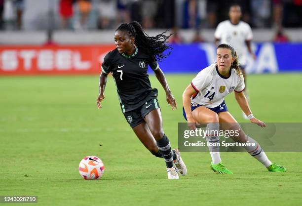 Nigeria midfielder Toni Payne dribbles during the Nigeria versus United States Womens National Team game on September 06 at Audi Field in Washington,...