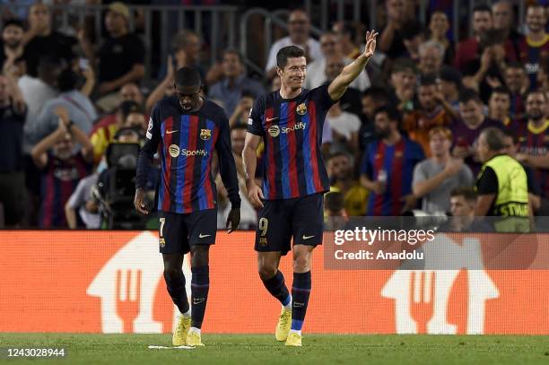 Barcelona's Polish forward Robert Lewandowski celebrates his goal during the UEFA Champions League, group C, first leg football match between FC...