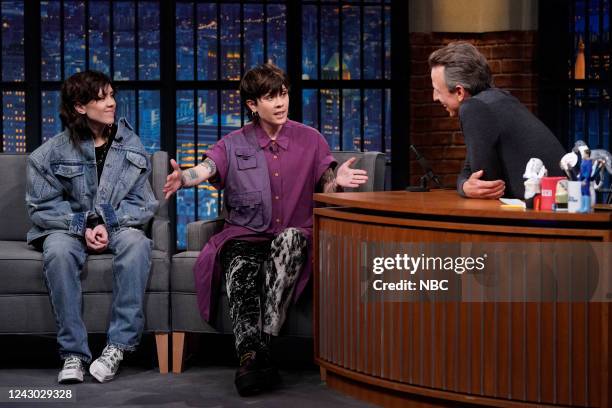 Episode 1326 -- Pictured: Sara Quin and Tegan Quin of Tegan and Sara, during an interview with host Seth Meyers on September 7, 2022 --