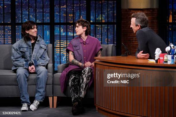 Episode 1326 -- Pictured: Sara Quin and Tegan Quin of Tegan and Sara, during an interview with host Seth Meyers on September 7, 2022 --