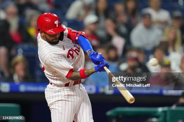 Edmundo Sosa of the Philadelphia Phillies hits a two-run home run in the bottom of the third inning against the Miami Marlins at Citizens Bank Park...