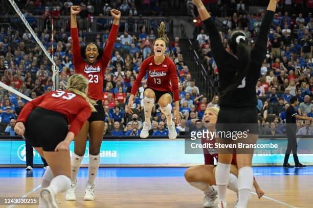 Kaitlyn Hord of Nebraska Cornhuskers and Whitney Lauenstein celebrate match point against the Creighton Bluejays at CHI Health Center on September 7,...